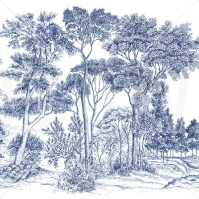 Panou cu design unic, The Long Walk, Deep Blue,  cu imagini de arbori în nuanțe de albastru, perfect pentru a crea un perete accent în living, dormitor sau birou.