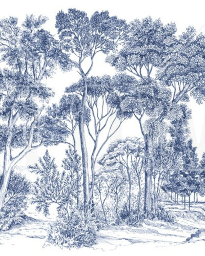 Panou cu design unic, The Long Walk, Deep Blue,  cu imagini de arbori în nuanțe de albastru, perfect pentru a crea un perete accent în living, dormitor sau birou.