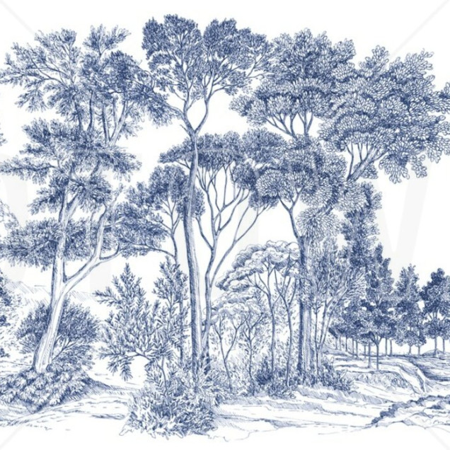 Panou cu design unic, The Long Walk, Deep Blue,  cu imagini de arbori în nuanțe de albastru, perfect pentru a crea un perete accent în living, dormitor sau birou.