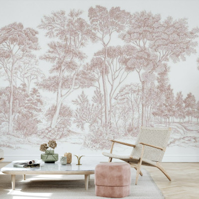 Tapet cu design modern - The Long Walk, Earthy Pink, imagine cu o cameră cu canapea, scaun, masă, decoratiuni, tapetul cu design de pădure desenată în nuanțe de roz pământiu, tapet panorama