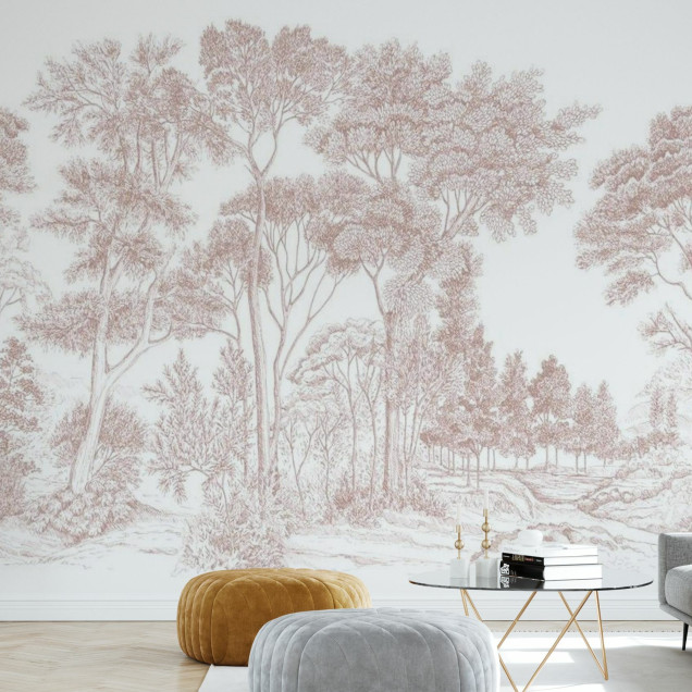 Tapet cu design modern - The Long Walk, Earthy Pink, imagine cu o cameră cu canapea, scaun, masă, decoratiuni, tapetul cu design de pădure desenată în nuanțe de roz pământiu, tapet panorama