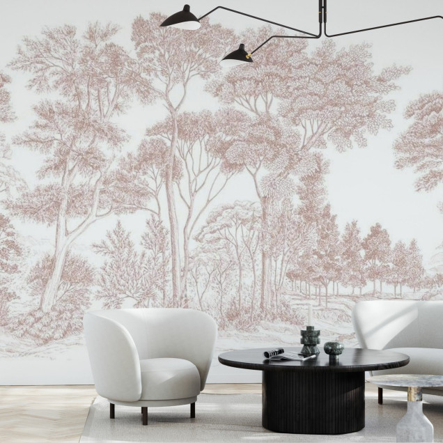 Tapet cu design modern - The Long Walk, Earthy Pink, imagine cu o cameră cu canapea, scaun, masă, decoratiuni, tapetul cu design de pădure desenată în nuanțe de roz pământiu, tapet panorama