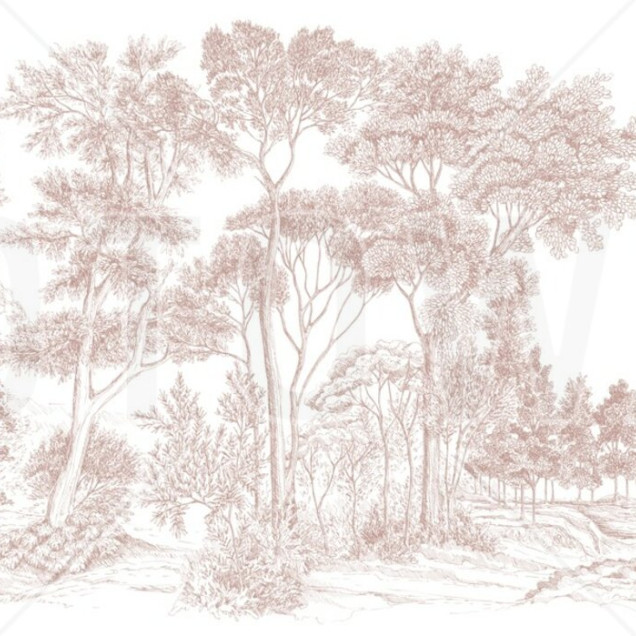 Tapet cu design modern - The Long Walk, Earthy Pink, imagine cu o cameră cu canapea, scaun, masă, decoratiuni, tapetul cu design de pădure desenată în nuanțe de roz pământiu, tapet panorama