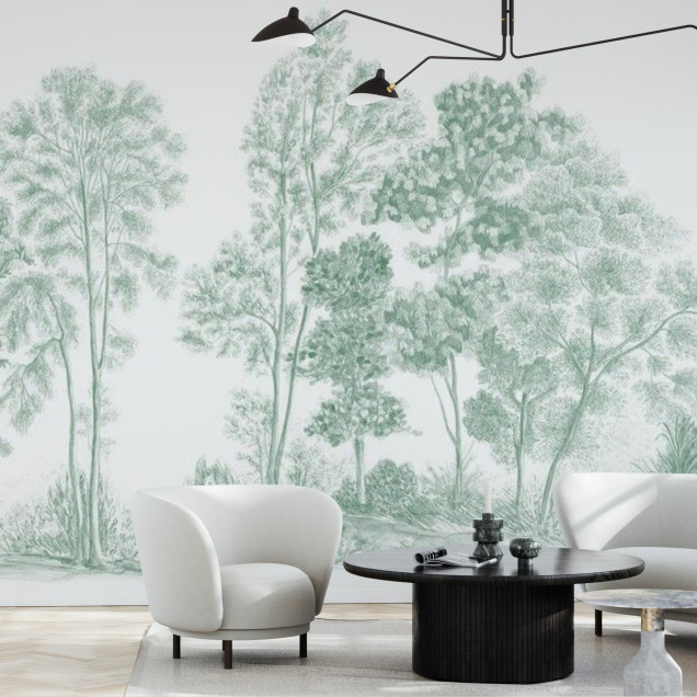 Tapet panoramic cu design delicat în tonuri de verde-albastru, cu copaci stilizzati și o senzație de liniște