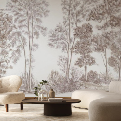 Away From The Trail, Velvet Taupe - Panorama.  Fototapet cu un design modern minimalist cu copaci în culori neutre.