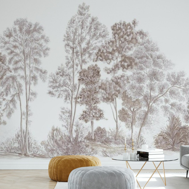 Away From The Trail, Velvet Taupe - Panorama.  Fototapet cu un design modern minimalist cu copaci în culori neutre.