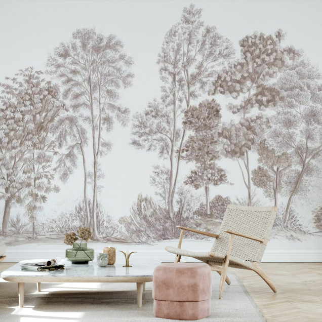 Away From The Trail, Velvet Taupe - Panorama.  Fototapet cu un design modern minimalist cu copaci în culori neutre.