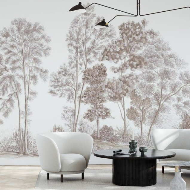 Away From The Trail, Velvet Taupe - Panorama.  Fototapet cu un design modern minimalist cu copaci în culori neutre.