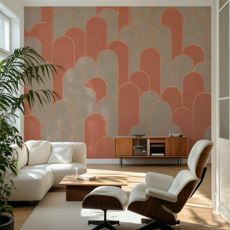 Fototapet cu model arce portocaliu și bej într-un living modern