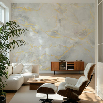 Fototapet cu design marmorat alb cald într-un living elegant