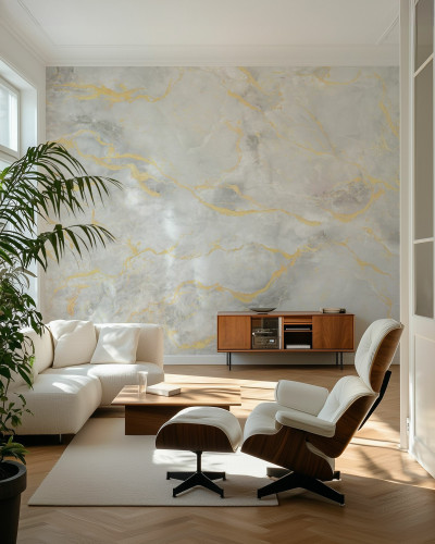 Fototapet cu design marmorat alb cald într-un living elegant