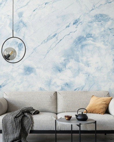 Fototapet cu model de marmură albastră în living modern