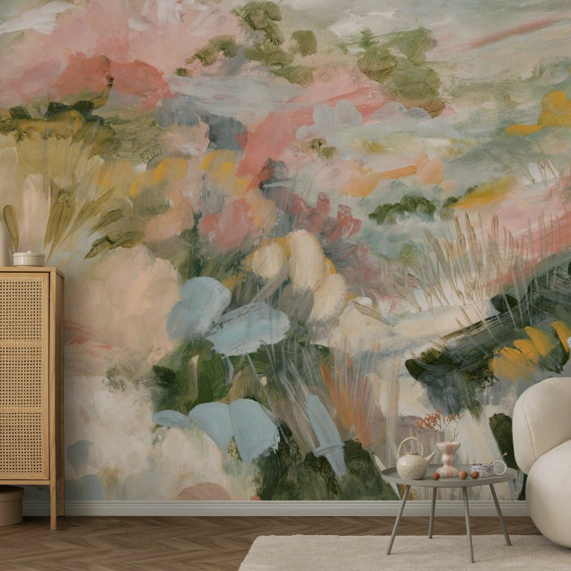 Painted Verdure, tapet cu design abstract și culori delicate, perfect pentru living sau dormitor.