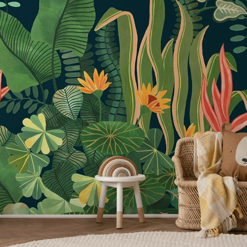 Fototapet cu design luxuriant de frunze și vegetație tropicală
