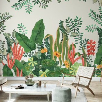 Fototapet cu design luxuriant de frunze și vegetație tropicală