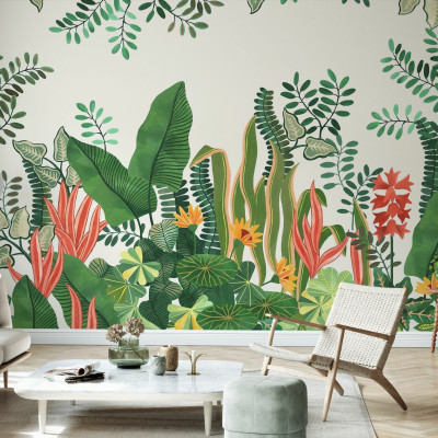 Fototapet cu design luxuriant de frunze și vegetație tropicală