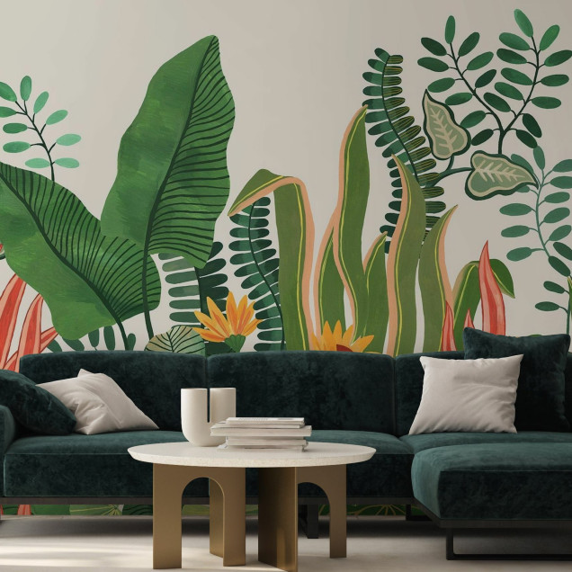 Fototapet cu design luxuriant de frunze și vegetație tropicală