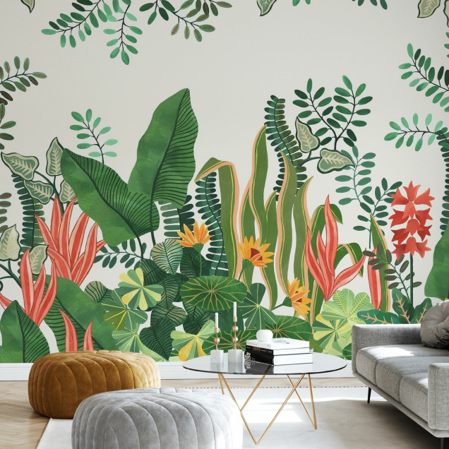 Fototapet cu design luxuriant de frunze și vegetație tropicală