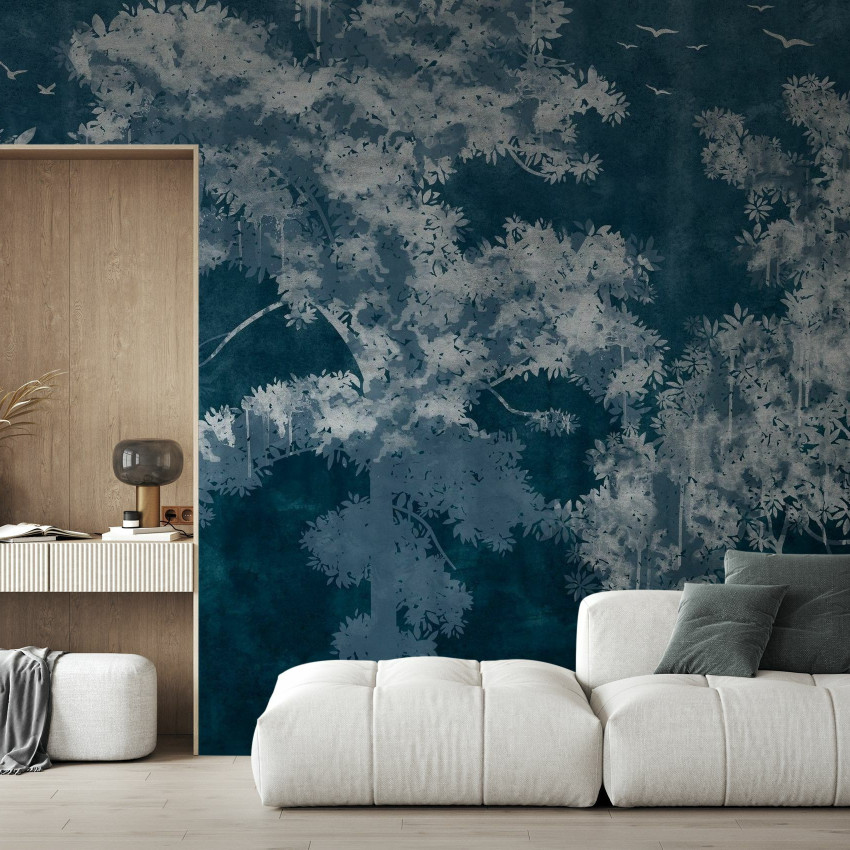 Fototapet cu design de copaci în nuanțe de piersică într-un living modern