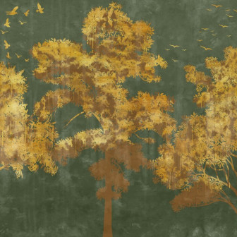 Fototapet cu design de arbori aurii pe fundal verde