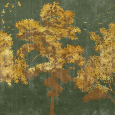 Fototapet cu design de arbori aurii pe fundal verde