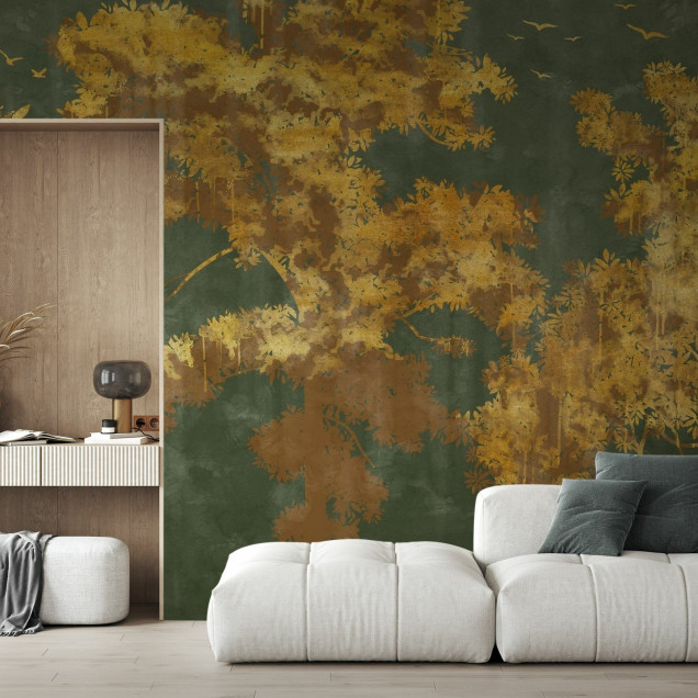 Fototapet cu design de arbori aurii pe fundal verde