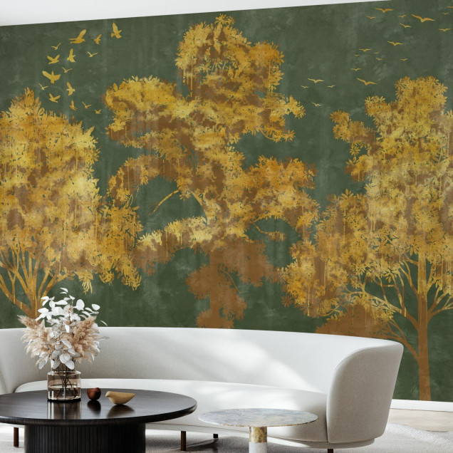 Fototapet cu design de arbori aurii pe fundal verde