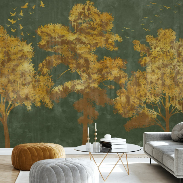 Fototapet cu design de arbori aurii pe fundal verde