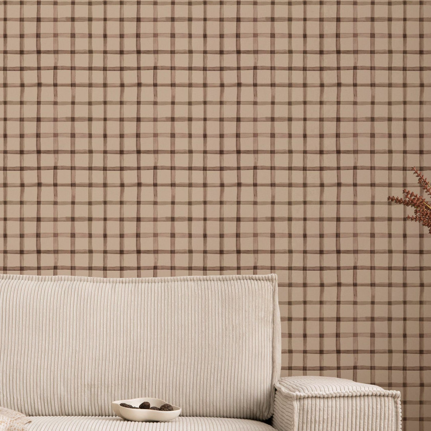 Fototapet cu model gingham în nuanțe de măsliniu și bej într-o cameră de copii