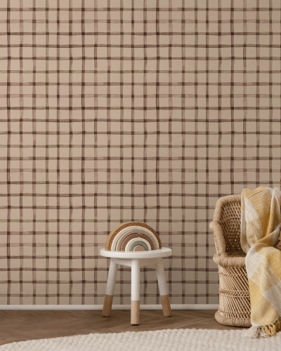 Fototapet cu model gingham maro, ideal pentru camera copiilor