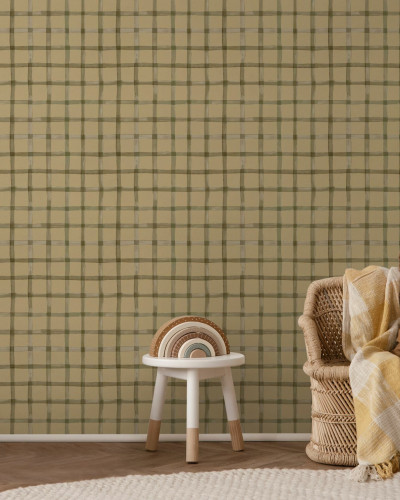 Fototapet cu model gingham în nuanțe de măsliniu și bej într-o cameră de copii