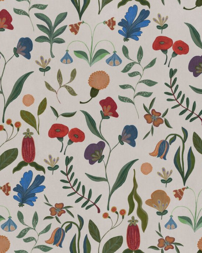 Fototapet cu model floral delicat pe fond off-white, creând o atmosferă caldă și primitoare