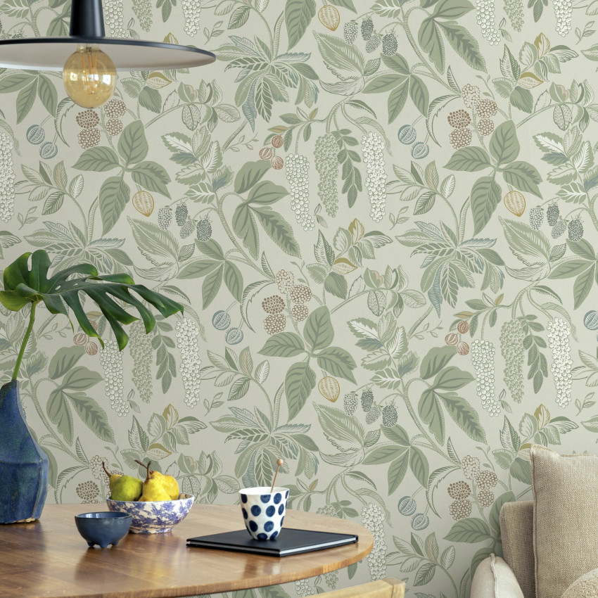 Fototapet cu model de frunze delicate într-un living modern