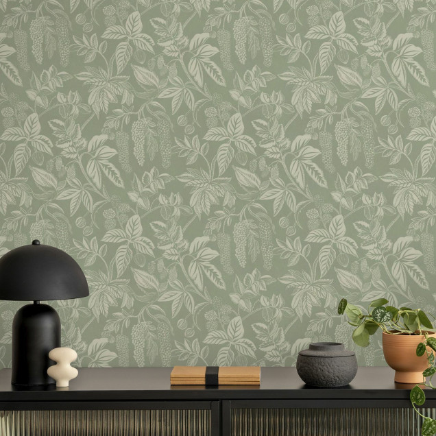Fototapet cu model de frunze delicate într-un living modern