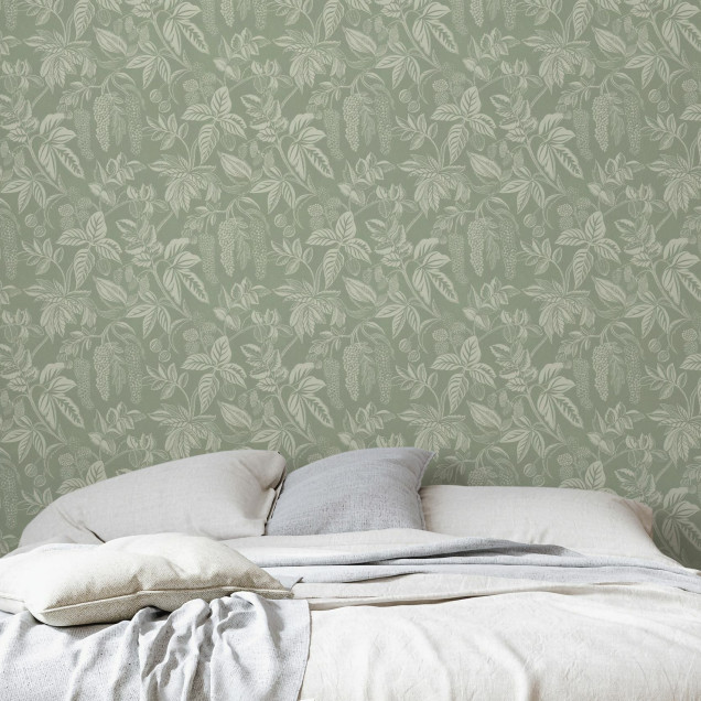 Fototapet cu model de frunze delicate într-un living modern