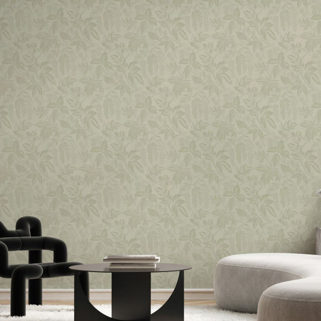 Fototapet cu model floral verde pal într-un living elegant