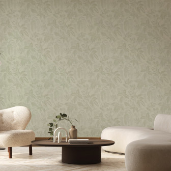 Fototapet cu model floral verde pal într-un living elegant