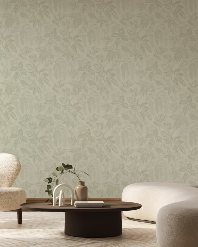 Fototapet cu model floral verde pal într-un living elegant
