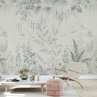 Fototapet cu design floral delicat într-un living modern