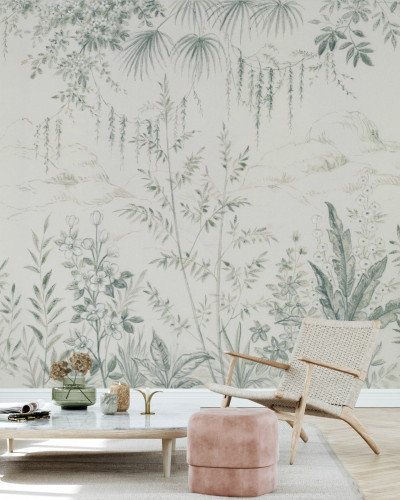 Fototapet cu design floral delicat într-un living modern