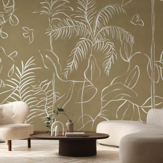 Fototapet bej cu design floral și linii abstracte