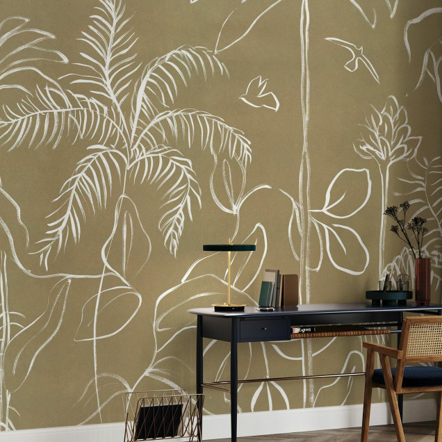 Fototapet bej cu design floral și linii abstracte