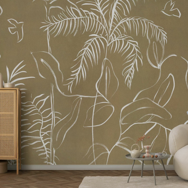 Fototapet bej cu design floral și linii abstracte