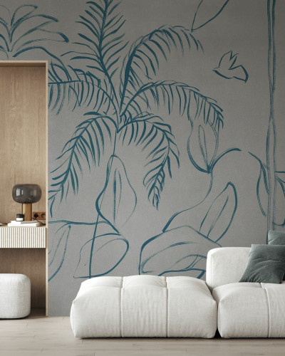 Fototapet cu design vegetal pe fundal gri