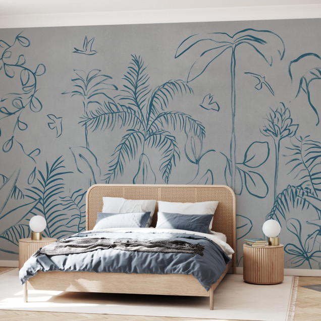 Fototapet cu design vegetal pe fundal gri