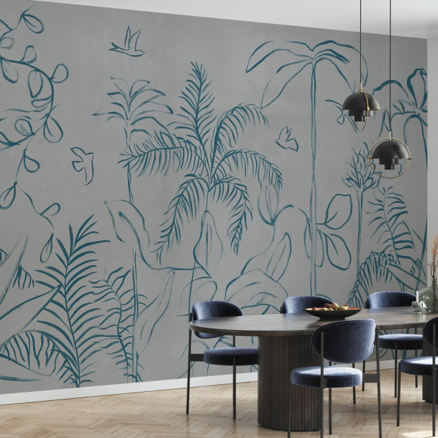 Fototapet cu design vegetal pe fundal gri