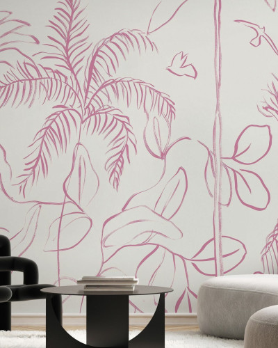 Fototapet cu design tropical roz, linii delicate