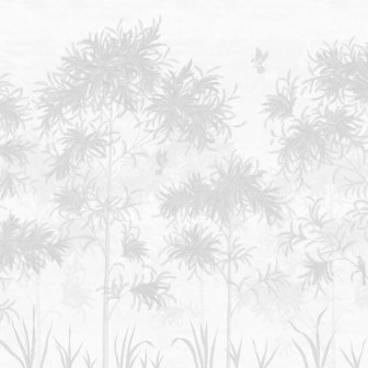 Fototapet Feathered Grove - Grey, cu design de pădure gri în living modern.