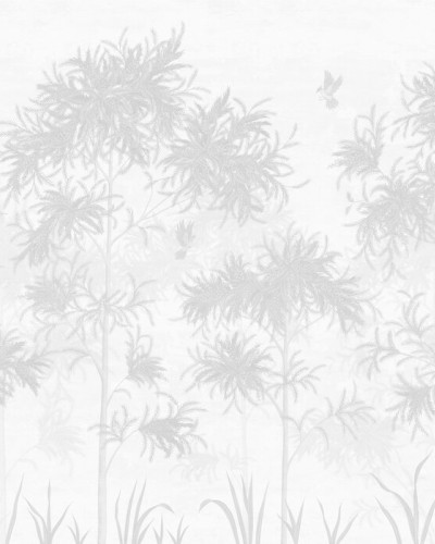Fototapet Feathered Grove - Grey, cu design de pădure gri în living modern.