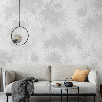 Fototapet Feathered Grove - Grey, cu design de pădure gri în living modern.